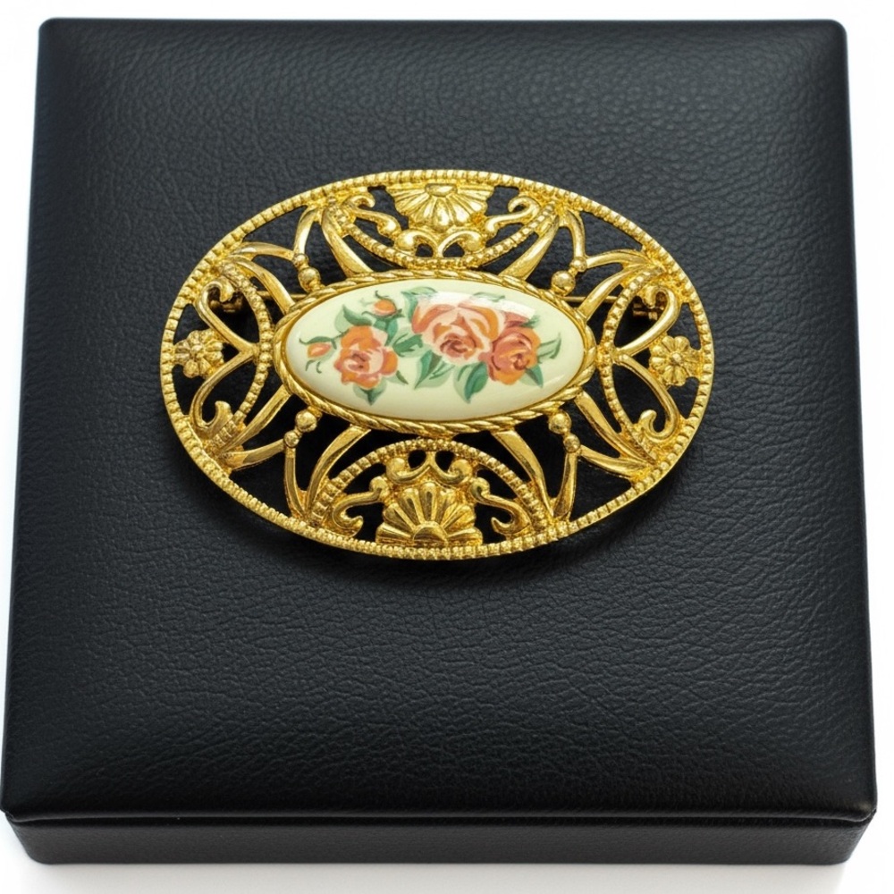 Vintage Avon Gold‎ Tone Filigree Brooch with Porcelain Rose Center